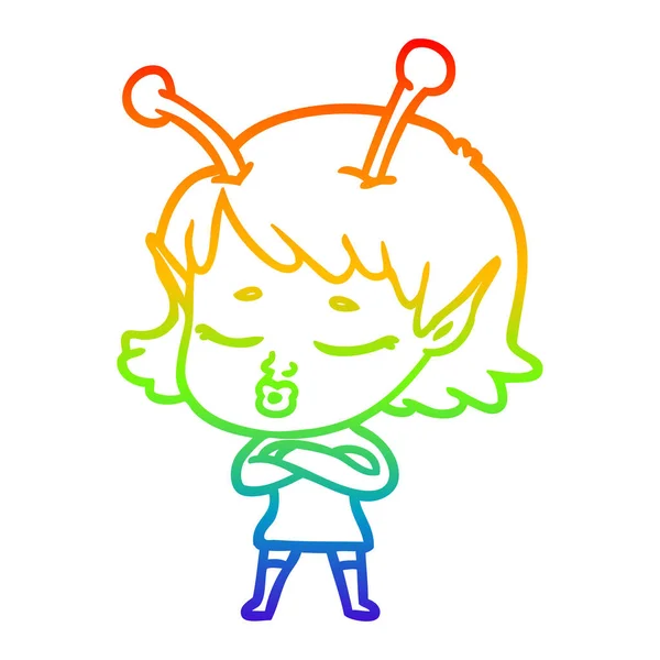 Regenbogen-Gradienten-Linie Zeichnung niedlichen Alien-Mädchen Karikatur — Stockvektor