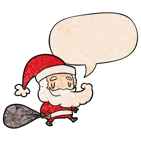 Dessin animé santa claus portant sac de cadeaux et bulle de parole — Image vectorielle