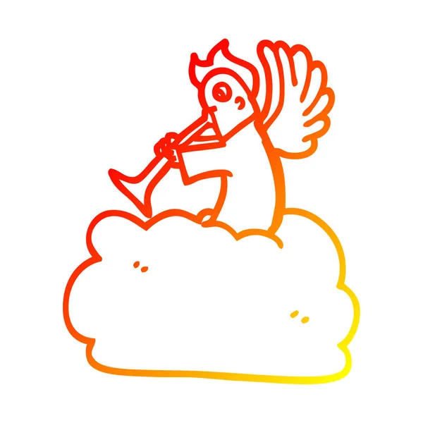 Línea de gradiente caliente dibujo ángel de dibujos animados en la nube con trompeta — Archivo Imágenes Vectoriales