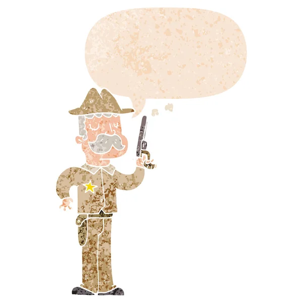 Cartoon sheriff en toespraak bubble in retro getextureerde stijl — Stockvector