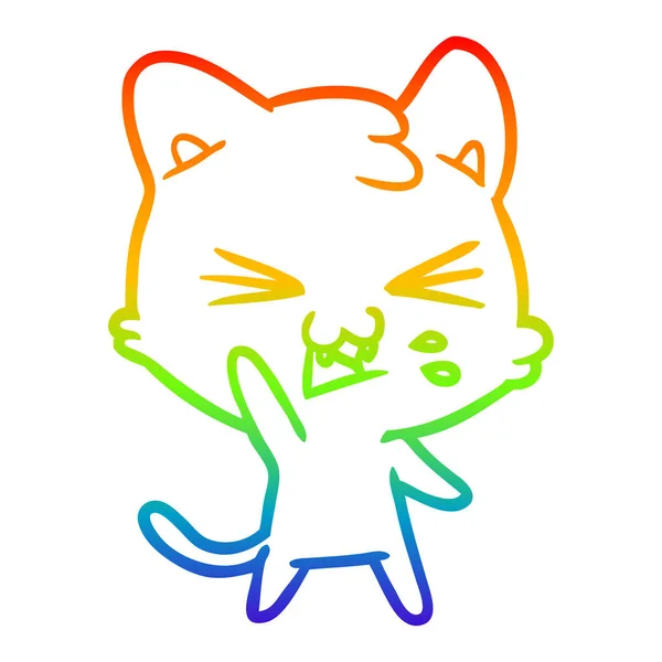 Rainbow gradient ligne dessin dessin animé chat sifflement — Image vectorielle