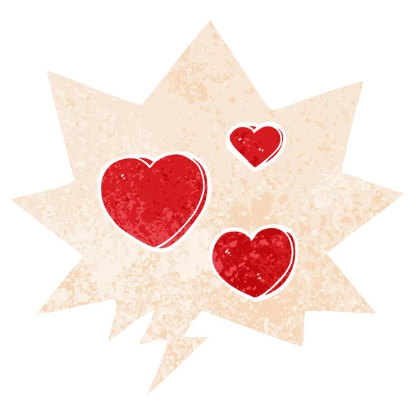 Desenhos animados corações de amor e bolha de fala em estilo retro texturizado —  Vetores de Stock