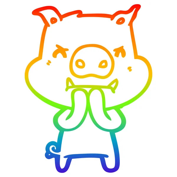 Regenboog gradiënt lijntekening boze cartoon varken — Stockvector