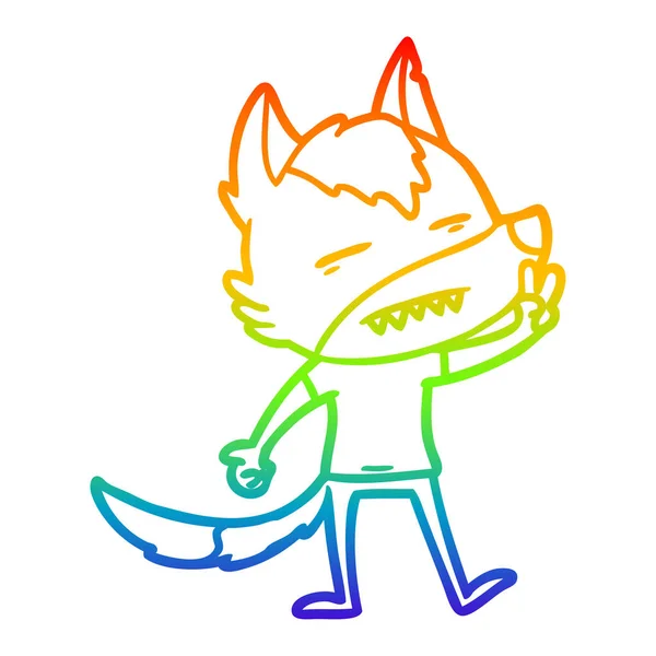 Regenboog gradiënt lijntekening cartoon Wolf tonen tanden — Stockvector