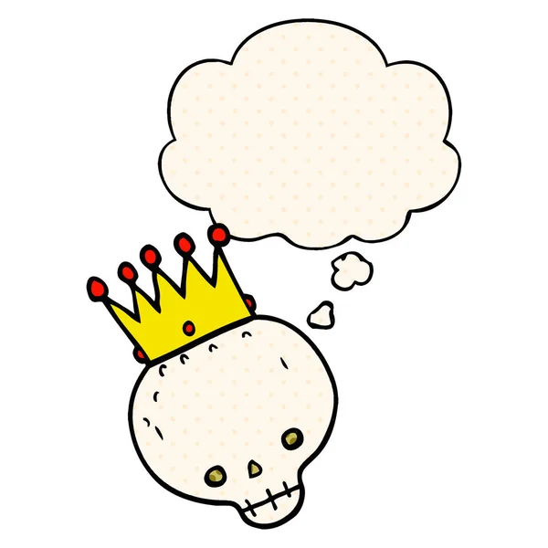 Cartoon czaszki z korony i myśli bańka w komiksowym stylu — Wektor stockowy