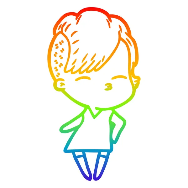 Arco-íris linha gradiente desenho cartoon squinting menina no vestido —  Vetores de Stock