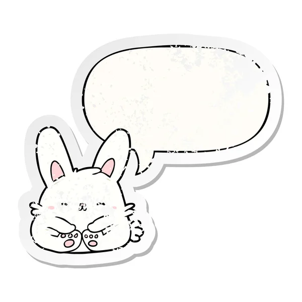 Cute cartoon bunny rabbit and speech bubble distressed sticker — Stock Vector