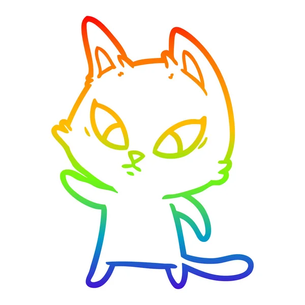 Rainbow gradient line drawing confused cartoon cat — Stock Vector