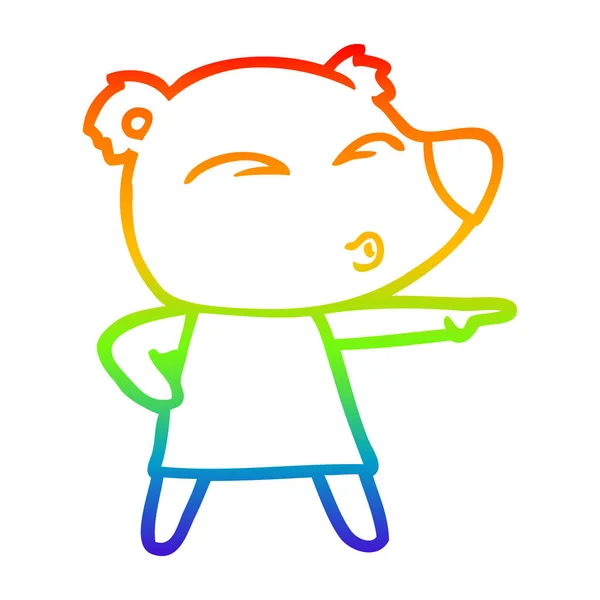 Rainbow gradient line drawing cartoon whistling bear in dress — Stock Vector