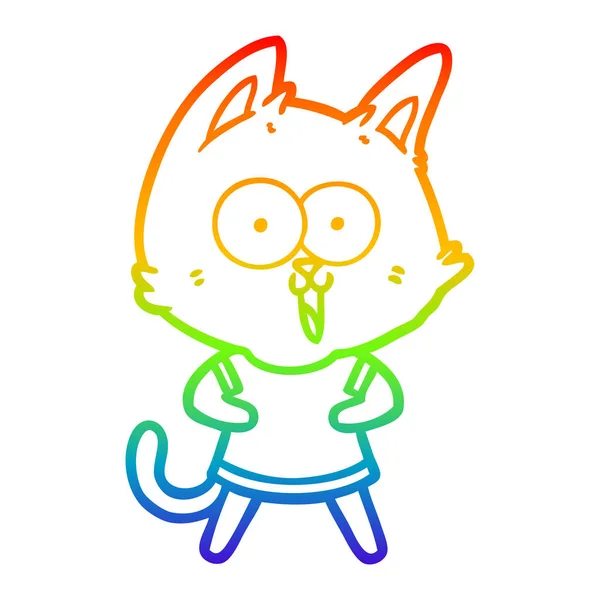 Rainbow gradient line drawing funny cartoon cat — Stock Vector