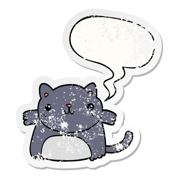 Karikatür kedi ve konuşma balonu sıkıntılı etiket — Stok Vektör