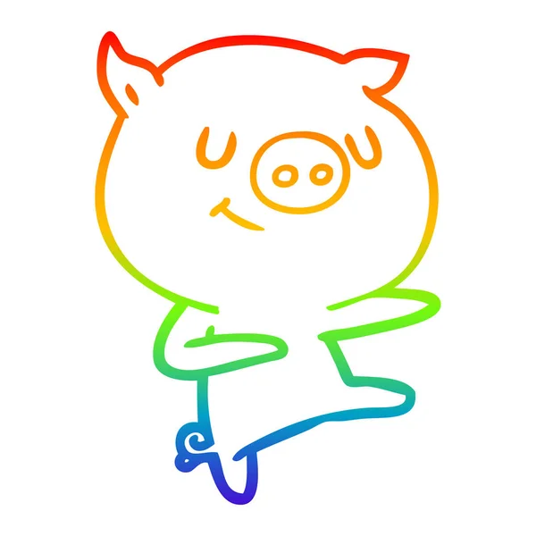 Arco iris gradiente línea dibujo feliz dibujos animados cerdo bailando — Vector de stock