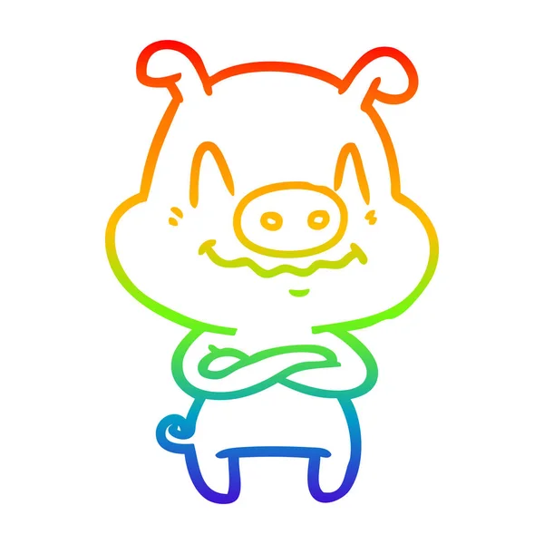 Regenboog gradiënt lijntekening nerveuze cartoon varken — Stockvector