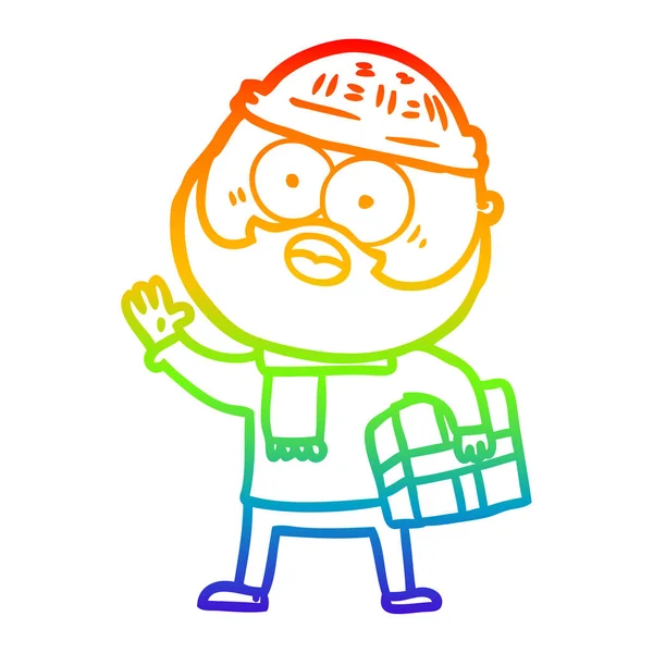 Rainbow gradient line drawing cartoon bearded man with present — Stock Vector