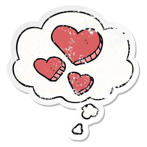 Tecknad kärlek hjärtan och tänkte bubbla som en nödställda slitna STIC — Stock vektor