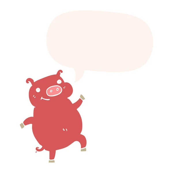 Cartoon dancing pig and speech bubble in retro style — Stock Vector
