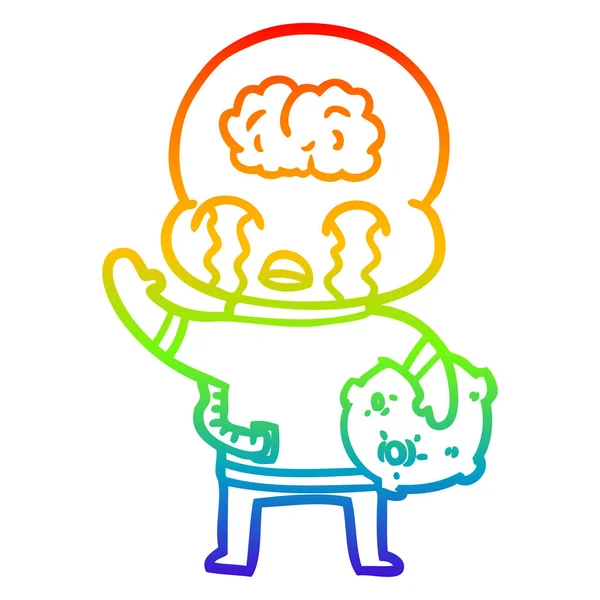 Rainbow gradient line drawing cartoon big brain alien crying and — Stock Vector