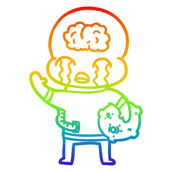 Arco iris gradiente línea dibujo dibujos animados gran cerebro extranjero llorando y — Vector de stock