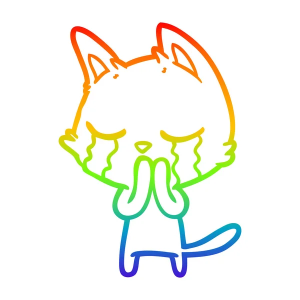 Rainbow gradient line drawing crying cartoon cat — Stock Vector