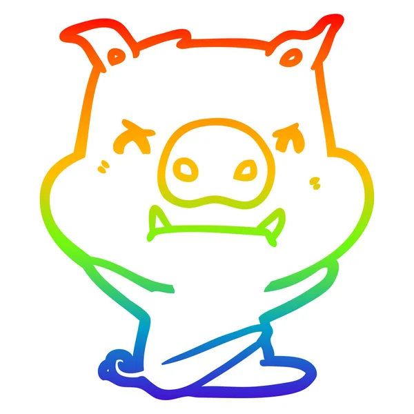 Rainbow gradient ligne dessin en colère dessin animé cochon lancer tantrum — Image vectorielle