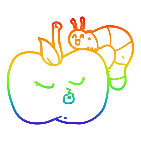 Regenboog gradiënt lijntekening cartoon pretty Apple en bug — Stockvector