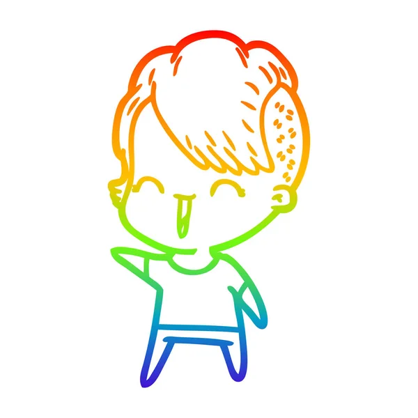 Rainbow gradient line drawing cartoon happy hipster girl — Stock Vector