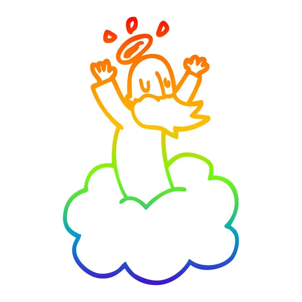 Rainbow gradient line drawing cartoon god on cloud — Stock Vector
