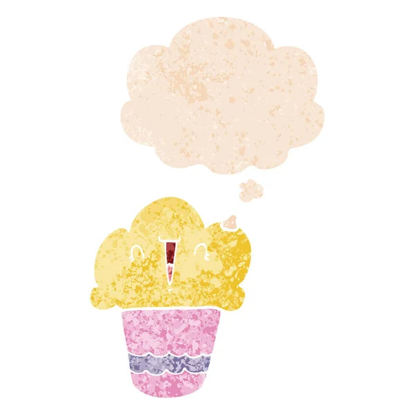 Cartone animato cupcake con viso e pensiero bolla in retrò strutturato s — Vettoriale Stock