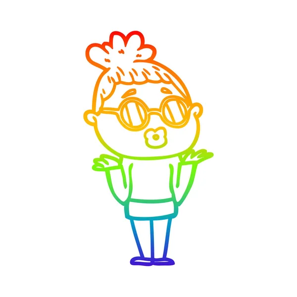Rainbow gradient line drawing cartoon confused woman wearing spe — Stock Vector