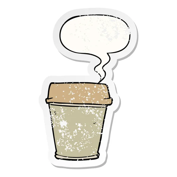 Desenhos animados tirar café e fala bolha adesivo angustiado — Vetor de Stock