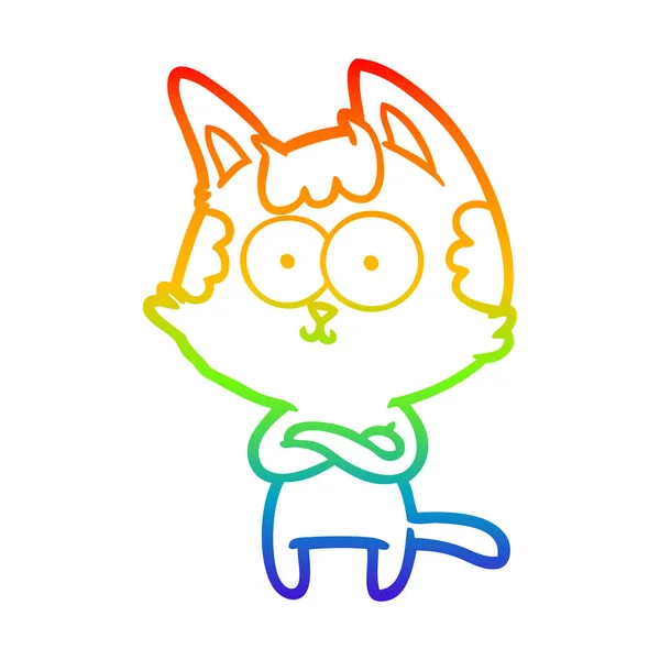 Linea gradiente arcobaleno disegno felice gatto dei cartoni animati con braccio incrociato — Vettoriale Stock