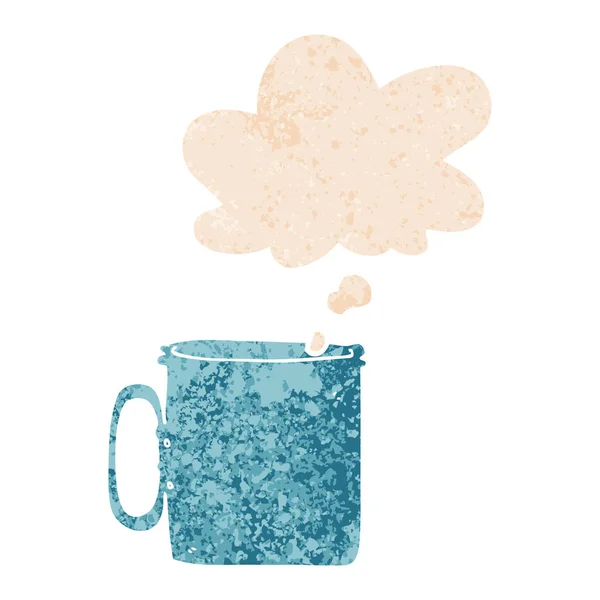 Desenho animado camping xícara de café e bolha de pensamento em retro textur — Vetor de Stock