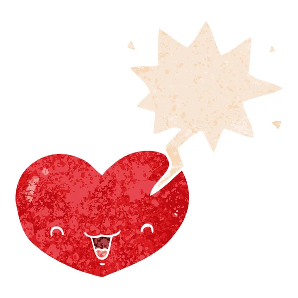 Cartoon love heart character and speech bubble in retro textured — Stock Vector