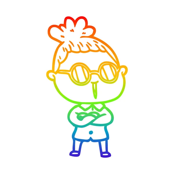 Rainbow Gradient Line Zeichnung Cartoon Frau mit Brille — Stockvektor