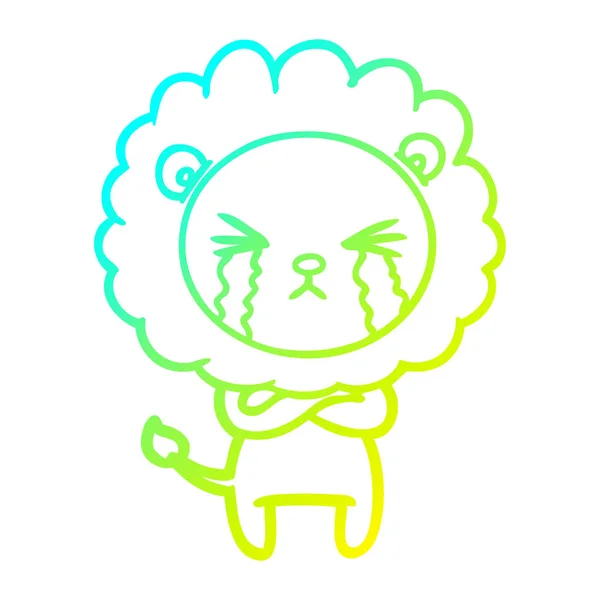 Linea a gradiente freddo disegno cartone animato leone piangente con braccia incrociate — Vettoriale Stock