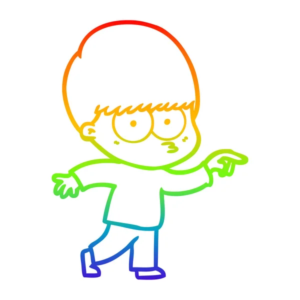 Regenbogen-Gradienten-Linie zeichnet nervösen Cartoon-Jungen — Stockvektor