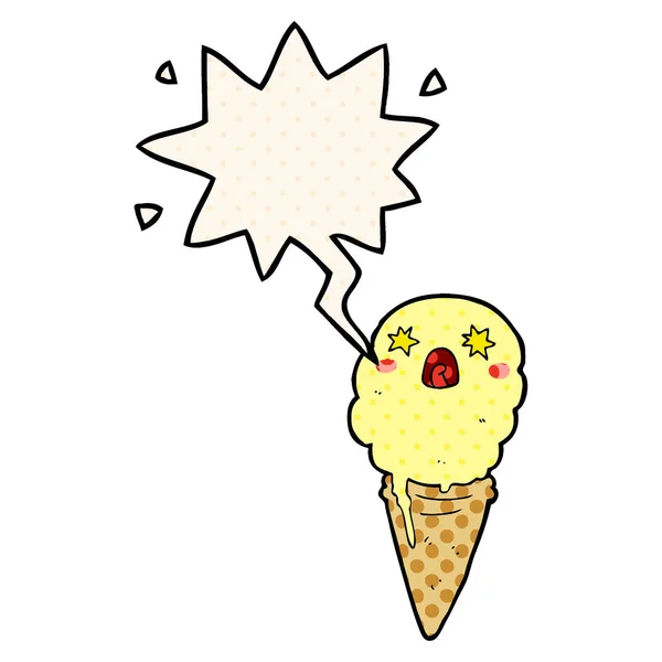Desenho animado sorvete chocado e bolha de fala em estilo de quadrinhos — Vetor de Stock