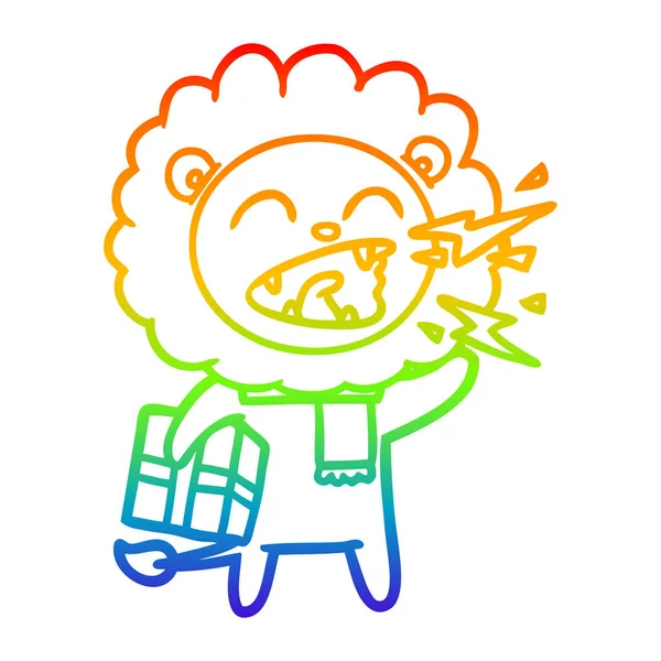 Arco-íris linha gradiente desenho cartoon rugindo leão com presente — Vetor de Stock