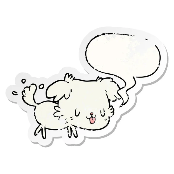 Carino cartone animato cane scodinzolante coda e discorso bolla bastone angosciato — Vettoriale Stock