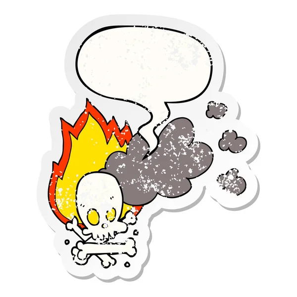 Karikatür ürkütücü yanan kemikler ve konuşma balonu sıkıntılı sticke — Stok Vektör