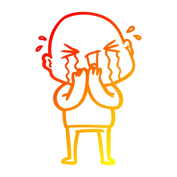 Warme Gradientenlinie Zeichnung Karikatur weinender Mann mit Glatze — Stockvektor