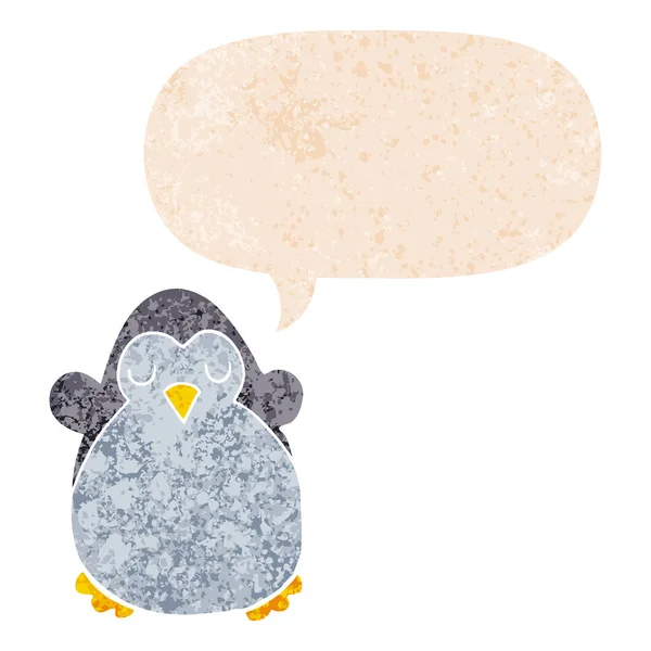 Tecknad pingvin och pratbubbla i retro texturerat stil — Stock vektor