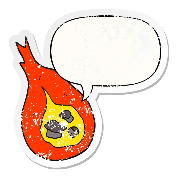 Dibujos animados bola de fuego y el habla burbuja angustiado etiqueta engomada — Vector de stock