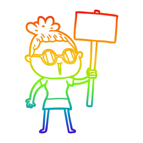 Regenboog gradiënt lijntekening cartoon vrouw het dragen van bril — Stockvector