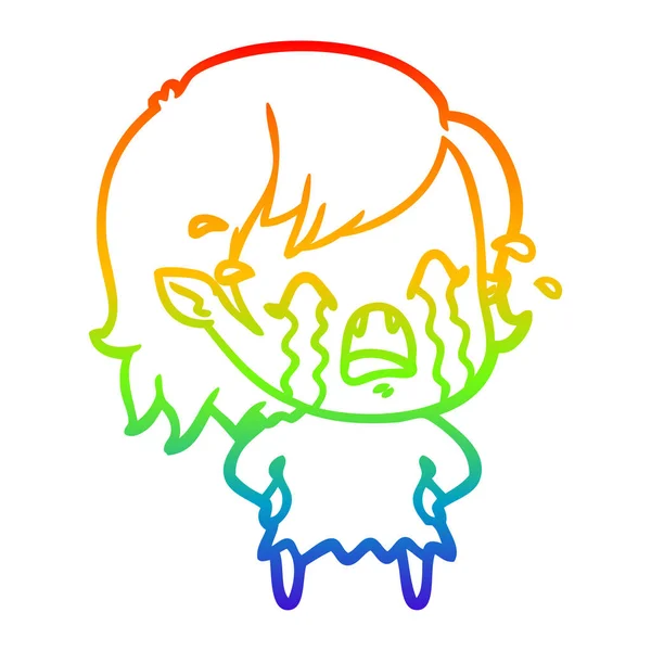 Rainbow gradient line drawing cartoon crying vampire girl — Stock Vector