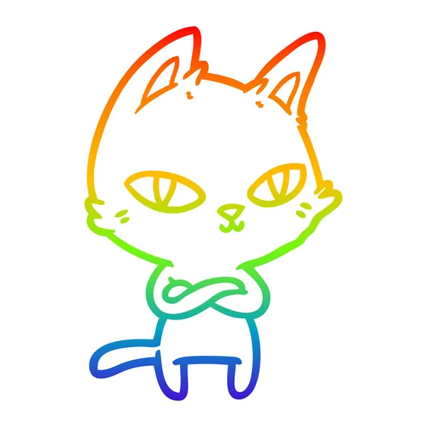 Gradient arc-en-ciel ligne dessin dessin animé chat fixe — Image vectorielle