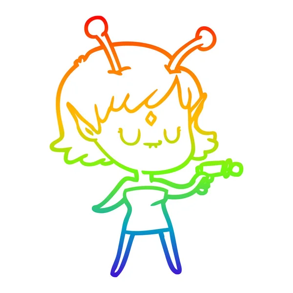 Arco iris gradiente línea dibujo dibujos animados chica alienígena con pistola de rayos — Vector de stock