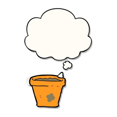 karikatür bitki saksı ve baskılı bir etiket olarak kabarcık düşünce