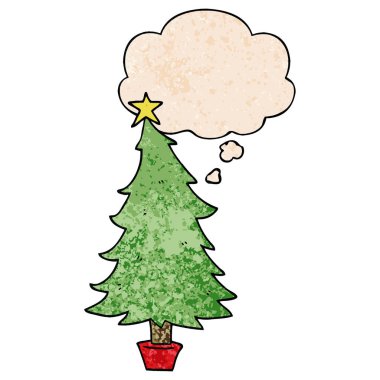 karikatür noel ağacı ve grunge doku patt düşünce balonu