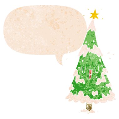 retro dokulu tarzda karikatür noel ağacı ve konuşma balonu